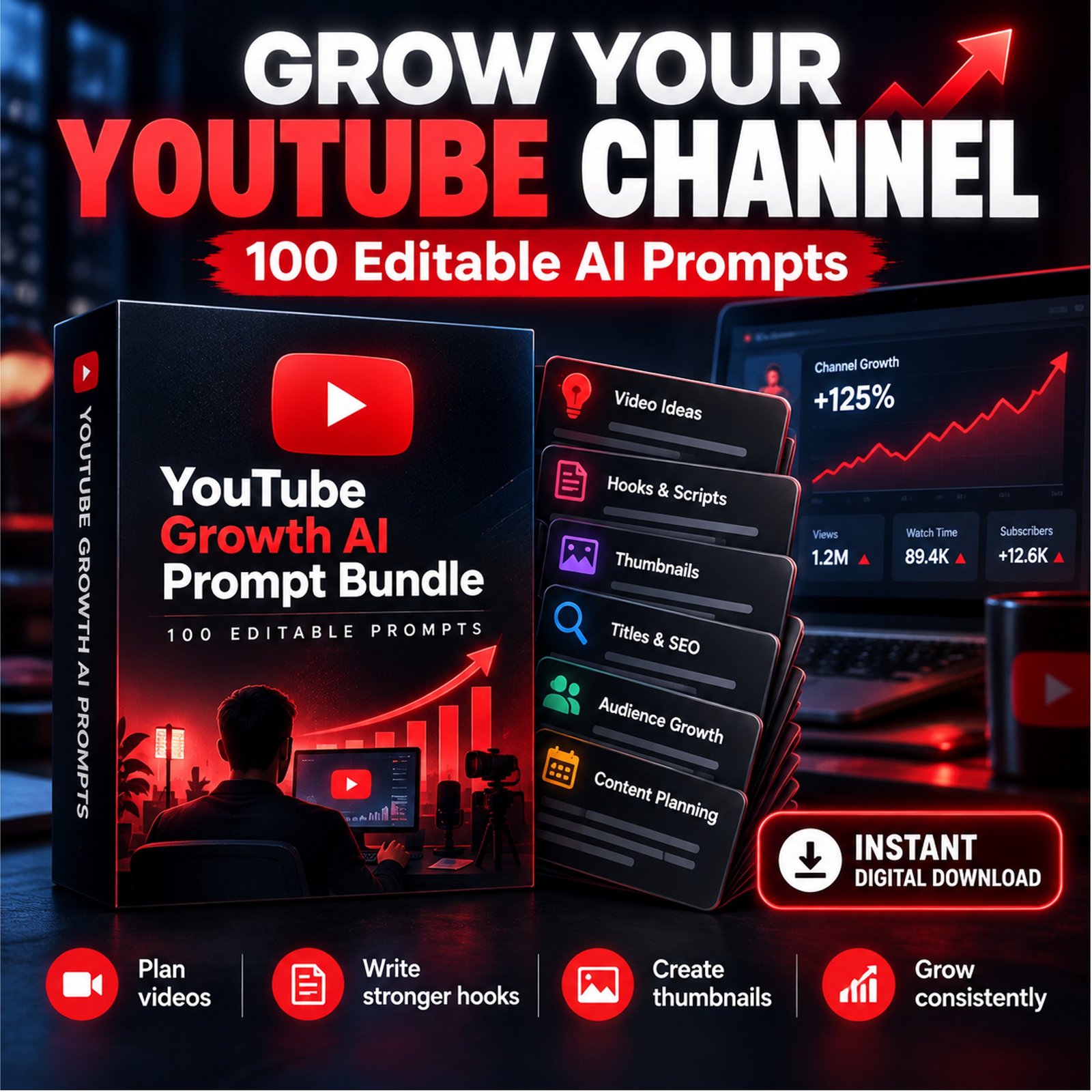 YouTube Growth AI Prompt Bundle – 100 Editable Prompts YouTube Growth AI Prompt Bundle – 100 Editable Prompts